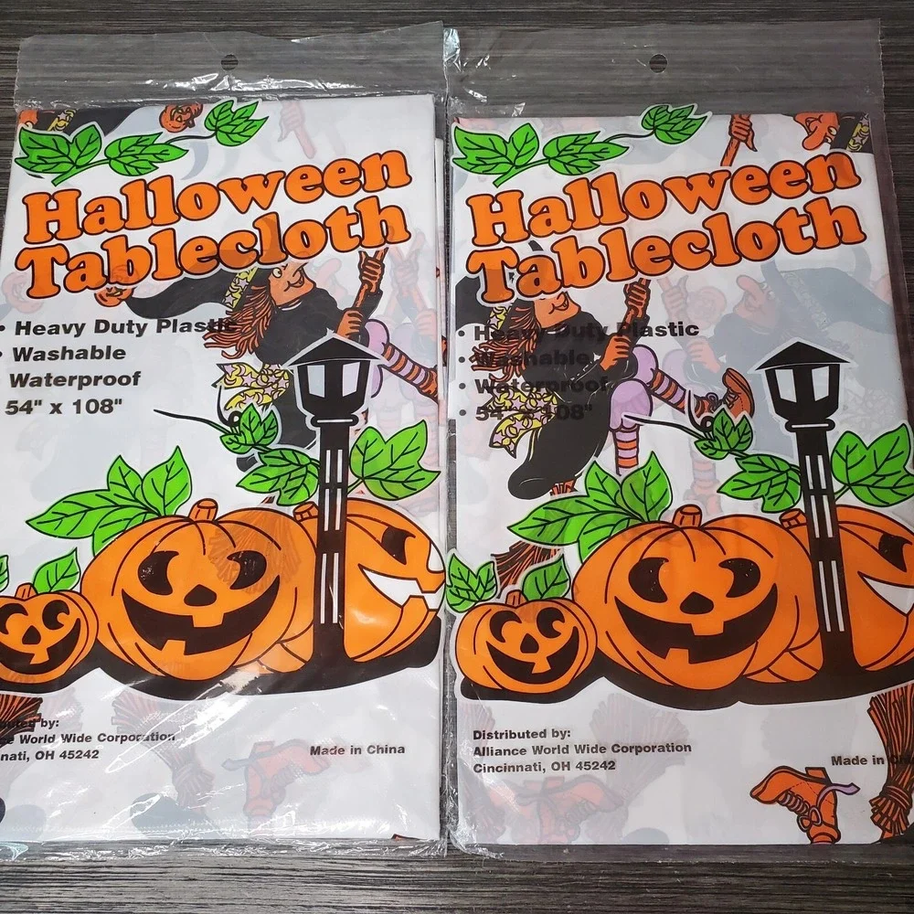 TWO Vintage Plastic Witch On A‎ Broomstick Rectangular Table Cloths 54